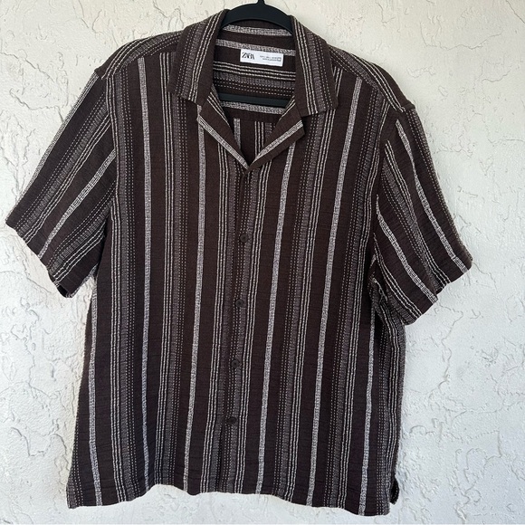 ZARA Shirt Men Large Camp Knit Stripe Button Down Brown Preppy - Picture 1 of 5